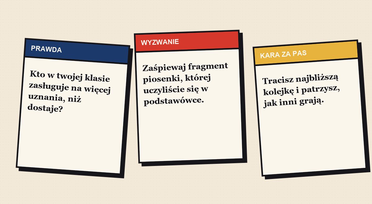 Przykładowe karty z gry prawda czy wyzwanie dla nastolatków: pytanie, wyzwanie i kara za pas